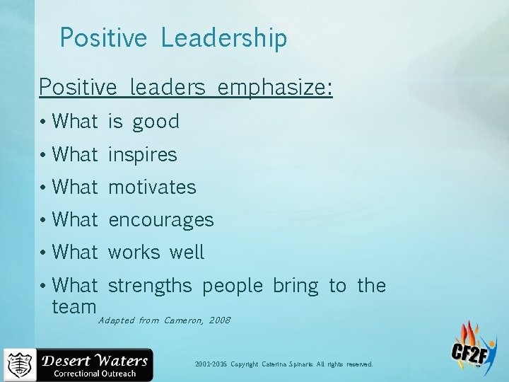 Positive Leadership Positive leaders emphasize: • What is good • What inspires • What