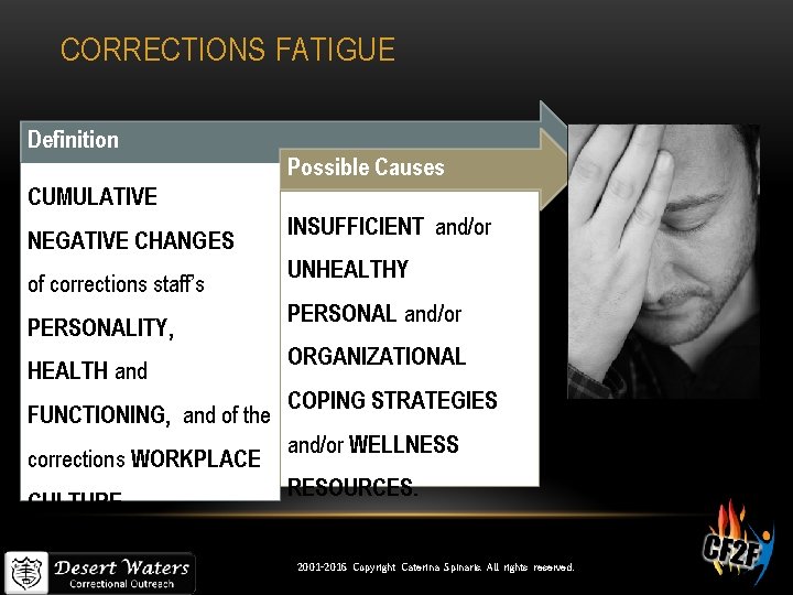 CORRECTIONS FATIGUE Definition Possible Causes CUMULATIVE NEGATIVE CHANGES of corrections staff’s PERSONALITY, HEALTH and