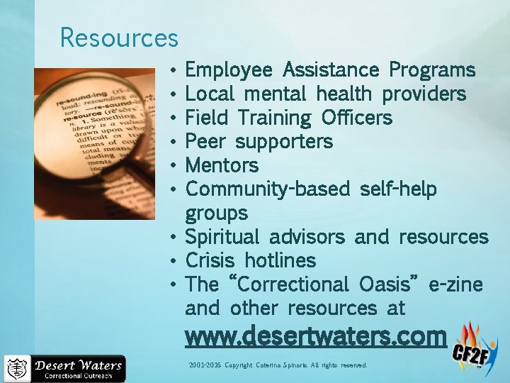 Resources Employee Assistance Programs Local mental health providers Field Training Officers Peer supporters Mentors