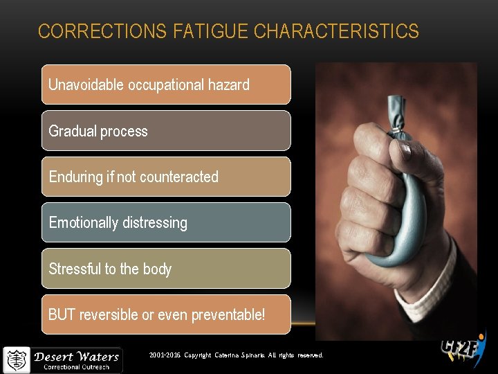 CORRECTIONS FATIGUE CHARACTERISTICS Unavoidable occupational hazard Gradual process Enduring if not counteracted Emotionally distressing