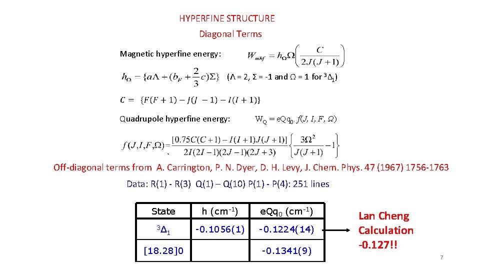 HYPERFINE STRUCTURE Diagonal Terms Magnetic hyperfine energy: (Λ = 2, Σ = -1 and
