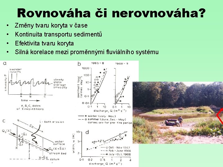 Rovnováha či nerovnováha? • • Změny tvaru koryta v čase Kontinuita transportu sedimentů Efektivita