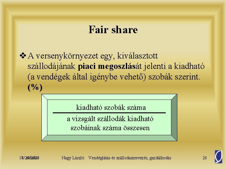 Fair share v A versenykörnyezet egy, kiválasztott szállodájának piaci megoszlását jelenti a kiadható (a