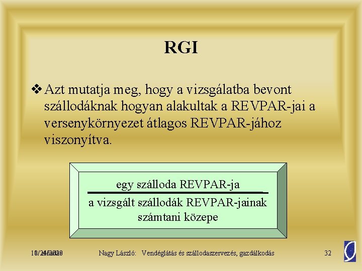 RGI v Azt mutatja meg, hogy a vizsgálatba bevont szállodáknak hogyan alakultak a REVPAR-jai