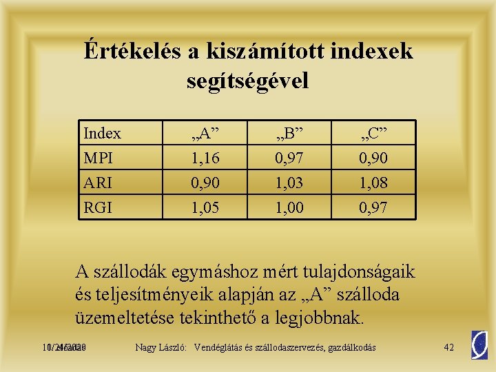 Értékelés a kiszámított indexek segítségével Index MPI ARI RGI „A” 1, 16 0, 90