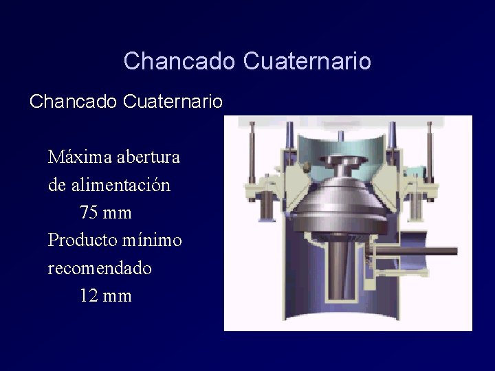 Chancado Cuaternario Máxima abertura de alimentación 75 mm Producto mínimo recomendado 12 mm Chancado Cuaternario Máxima abertura de alimentación 75 mm Producto mínimo recomendado 12 mm