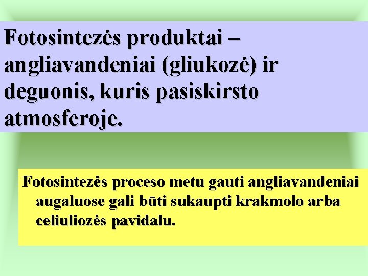 Fotosintezės produktai – angliavandeniai (gliukozė) ir deguonis, kuris pasiskirsto atmosferoje. Fotosintezės proceso metu gauti