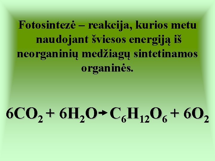 Fotosintezė – reakcija, kurios metu naudojant šviesos energiją iš neorganinių medžiagų sintetinamos organinės. 6