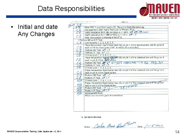 Data Responsibilities • Initial and date Any Changes MAVEN Documentation Training. Date September 12, Data Responsibilities • Initial and date Any Changes MAVEN Documentation Training. Date September 12,