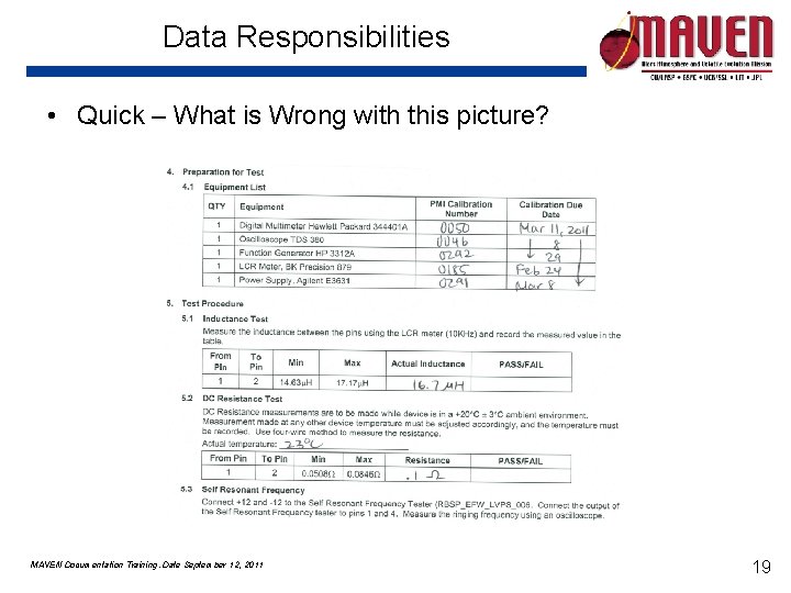 Data Responsibilities • Quick – What is Wrong with this picture? MAVEN Documentation Training.