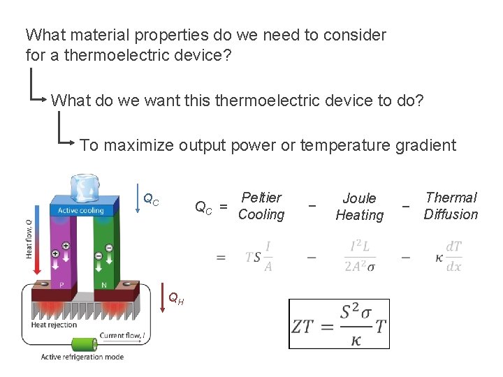 What material properties do we need to consider for a thermoelectric device? What do