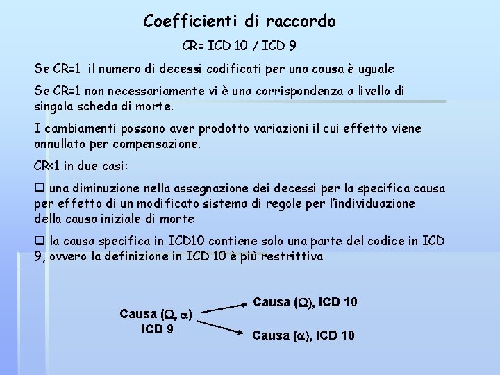 Coefficienti di raccordo CR= ICD 10 / ICD 9 Se CR=1 il numero di