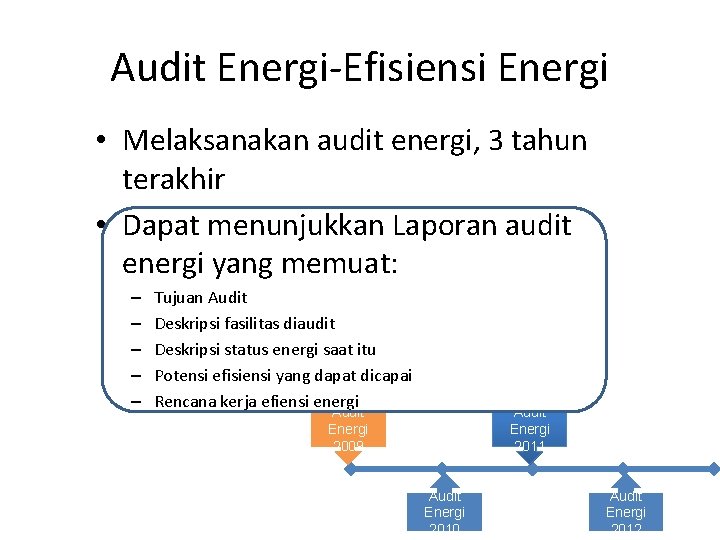 Audit Energi-Efisiensi Energi • Melaksanakan audit energi, 3 tahun terakhir • Dapat menunjukkan Laporan