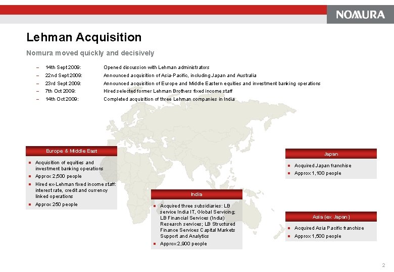 Lehman Acquisition Nomura moved quickly and decisively - 14 th Sept 2009: Opened discussion Lehman Acquisition Nomura moved quickly and decisively - 14 th Sept 2009: Opened discussion