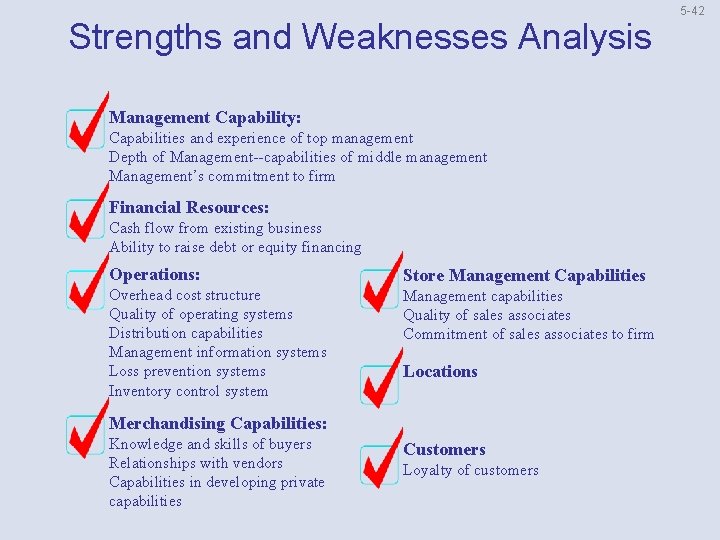 Strengths and Weaknesses Analysis Management Capability: Capabilities and experience of top management Depth of