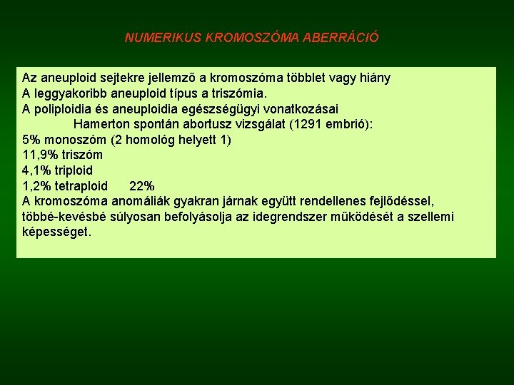 NUMERIKUS KROMOSZÓMA ABERRÁCIÓ Az aneuploid sejtekre jellemző a kromoszóma többlet vagy hiány A leggyakoribb