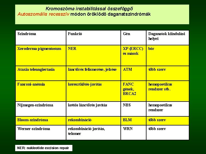 Kromoszóma instabilitással összeföggő Autoszomális recesszív módon öröklődő daganatszindrómák Szindróma Funkció Gén Daganatok kiindulási helyei