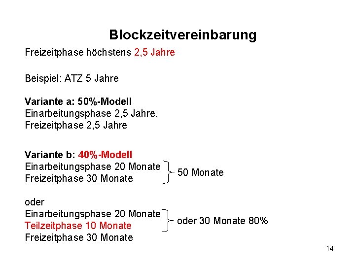 Blockzeitvereinbarung Freizeitphase höchstens 2, 5 Jahre Beispiel: ATZ 5 Jahre Variante a: 50%-Modell Einarbeitungsphase