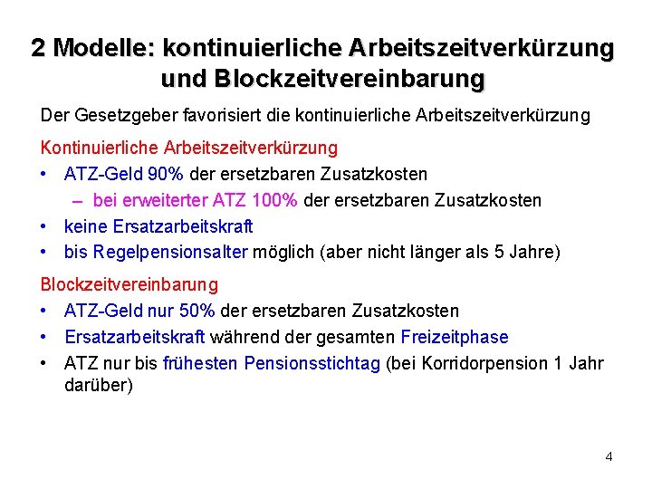 2 Modelle: kontinuierliche Arbeitszeitverkürzung und Blockzeitvereinbarung Der Gesetzgeber favorisiert die kontinuierliche Arbeitszeitverkürzung Kontinuierliche Arbeitszeitverkürzung