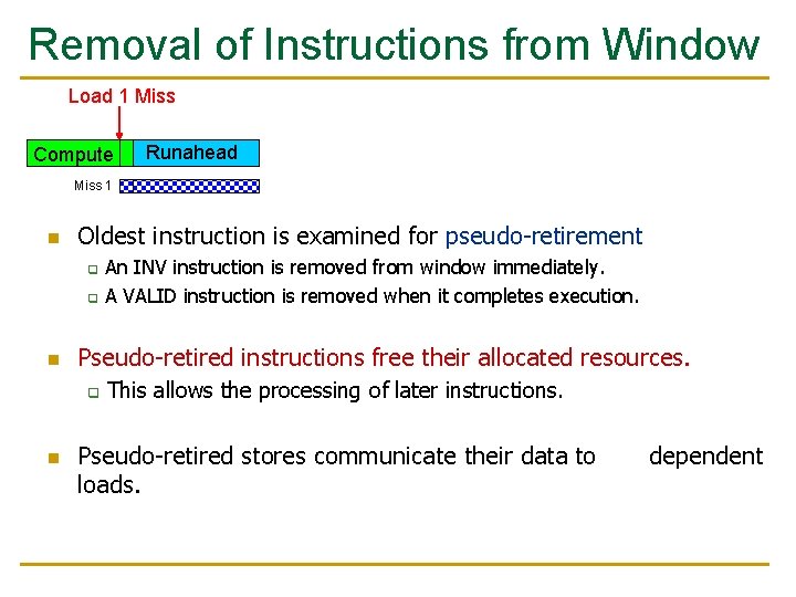 Removal of Instructions from Window Load 1 Miss Compute Runahead Miss 1 n Oldest Removal of Instructions from Window Load 1 Miss Compute Runahead Miss 1 n Oldest
