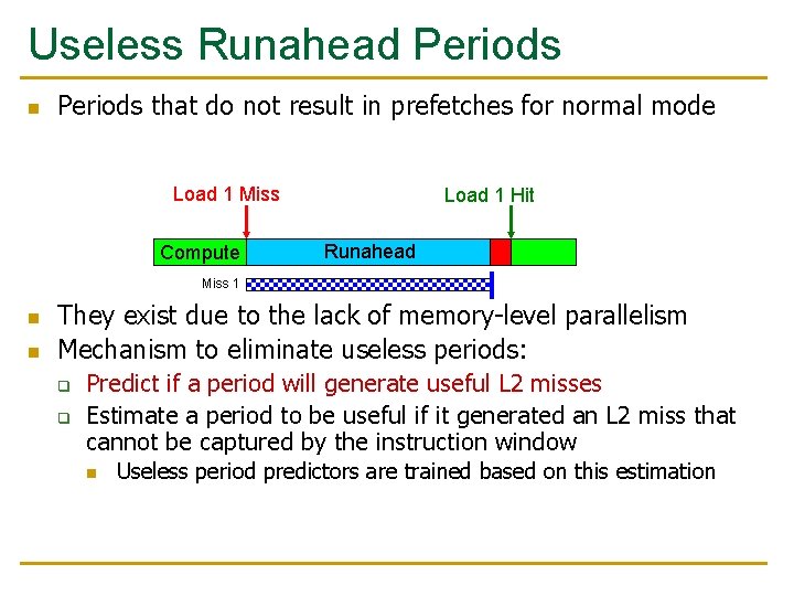 Useless Runahead Periods n Periods that do not result in prefetches for normal mode Useless Runahead Periods n Periods that do not result in prefetches for normal mode