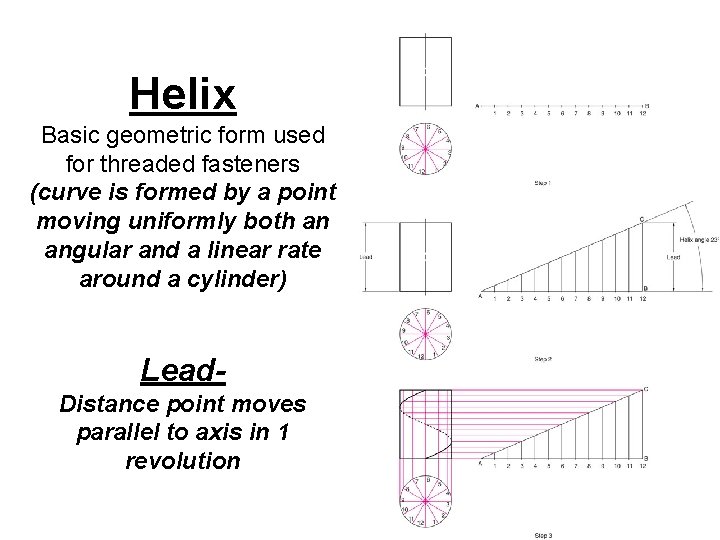 Helix Basic geometric form used for threaded fasteners (curve is formed by a point