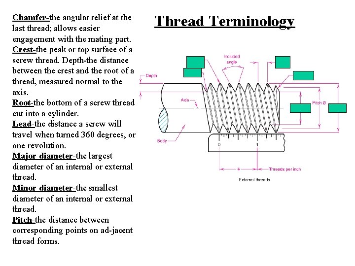 Chamfer-the angular relief at the last thread; allows easier engagement with the mating part.