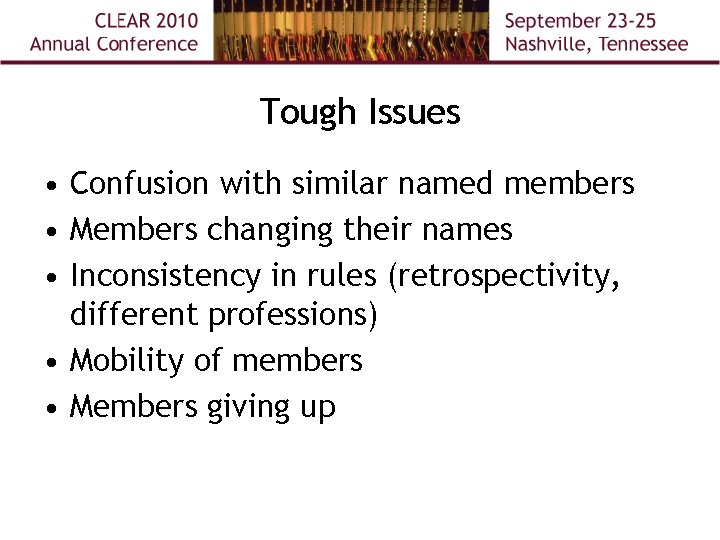 Tough Issues • Confusion with similar named members • Members changing their names •