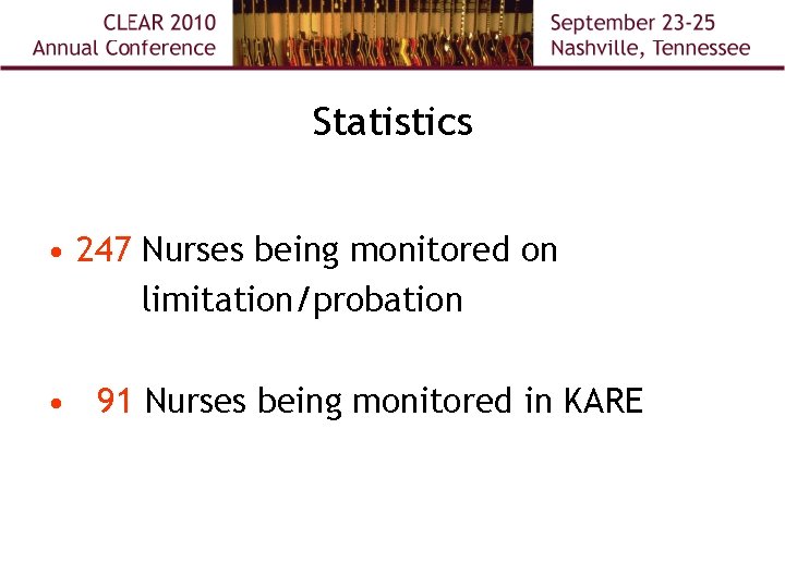 Statistics • 247 Nurses being monitored on limitation/probation • 91 Nurses being monitored in