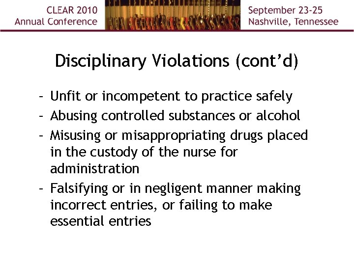 Disciplinary Violations (cont’d) – Unfit or incompetent to practice safely – Abusing controlled substances