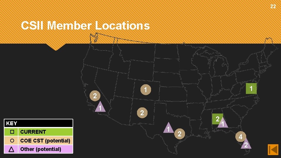 22 CSII Member Locations 2 1 KEY ¨ CURRENT ¡ COE CST (potential) Other