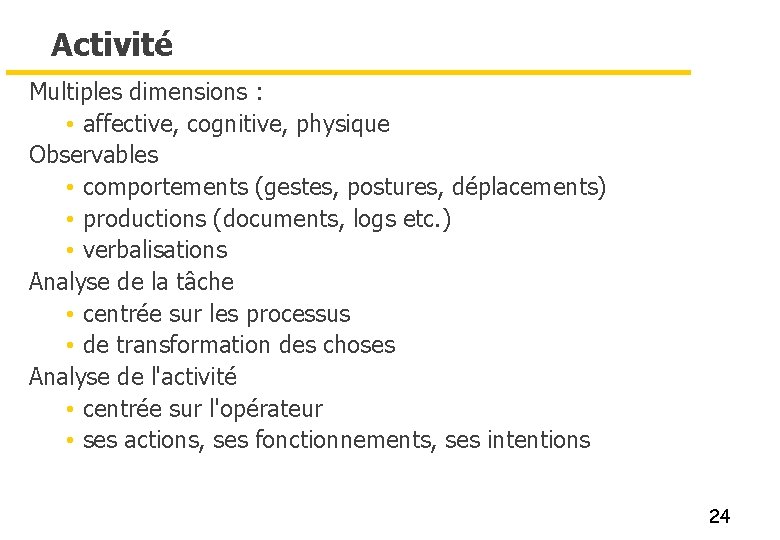 Activité Multiples dimensions : • affective, cognitive, physique Observables • comportements (gestes, postures, déplacements)