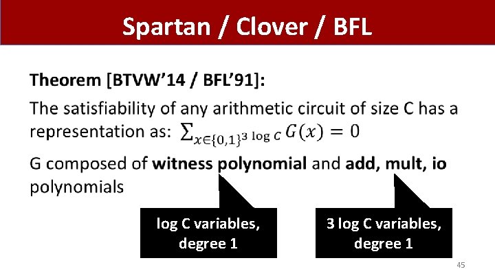 Spartan / Clover / BFL • log C variables, degree 1 3 log C