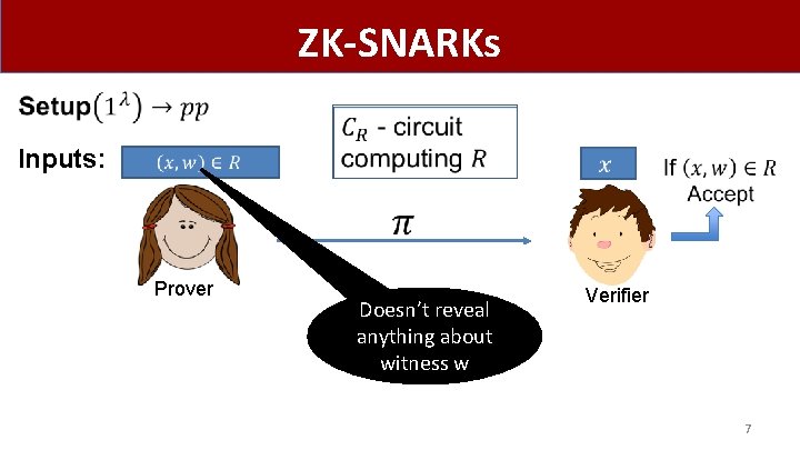 ZK-SNARKs Inputs: Prover Doesn’t reveal anything about witness w Verifier 7 