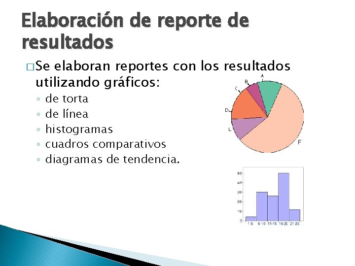 Elaboración de reporte de resultados � Se elaboran reportes con los resultados utilizando gráficos: