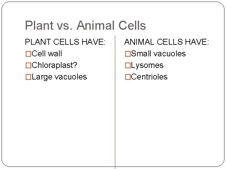 Plant vs. Animal Cells PLANT CELLS HAVE: �Cell wall �Chloraplast? �Large vacuoles ANIMAL CELLS
