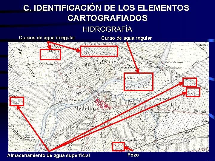 C. IDENTIFICACIÓN DE LOS ELEMENTOS CARTOGRAFIADOS HIDROGRAFÍA Cursos de agua irregular Almacenamiento de agua C. IDENTIFICACIÓN DE LOS ELEMENTOS CARTOGRAFIADOS HIDROGRAFÍA Cursos de agua irregular Almacenamiento de agua