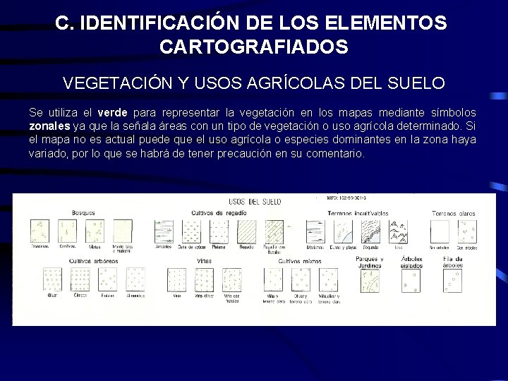 C. IDENTIFICACIÓN DE LOS ELEMENTOS CARTOGRAFIADOS VEGETACIÓN Y USOS AGRÍCOLAS DEL SUELO Se utiliza C. IDENTIFICACIÓN DE LOS ELEMENTOS CARTOGRAFIADOS VEGETACIÓN Y USOS AGRÍCOLAS DEL SUELO Se utiliza