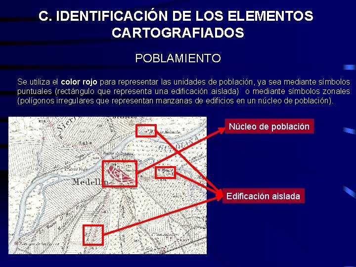 C. IDENTIFICACIÓN DE LOS ELEMENTOS CARTOGRAFIADOS POBLAMIENTO Se utiliza el color rojo para representar C. IDENTIFICACIÓN DE LOS ELEMENTOS CARTOGRAFIADOS POBLAMIENTO Se utiliza el color rojo para representar