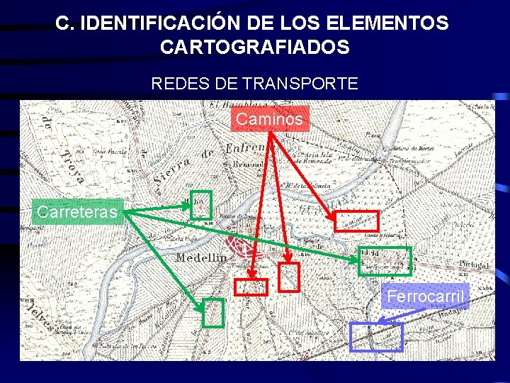 C. IDENTIFICACIÓN DE LOS ELEMENTOS CARTOGRAFIADOS REDES DE TRANSPORTE Caminos Carreteras Ferrocarril C. IDENTIFICACIÓN DE LOS ELEMENTOS CARTOGRAFIADOS REDES DE TRANSPORTE Caminos Carreteras Ferrocarril