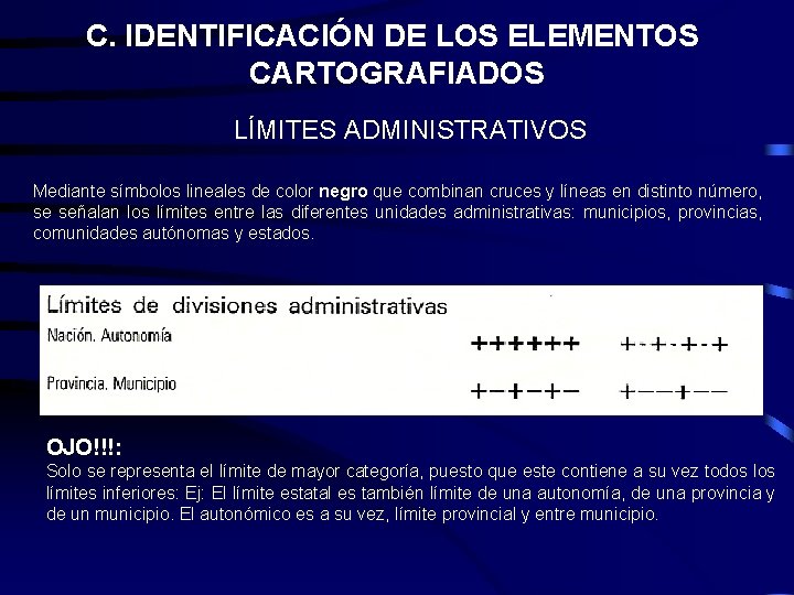 C. IDENTIFICACIÓN DE LOS ELEMENTOS CARTOGRAFIADOS LÍMITES ADMINISTRATIVOS Mediante símbolos lineales de color negro C. IDENTIFICACIÓN DE LOS ELEMENTOS CARTOGRAFIADOS LÍMITES ADMINISTRATIVOS Mediante símbolos lineales de color negro