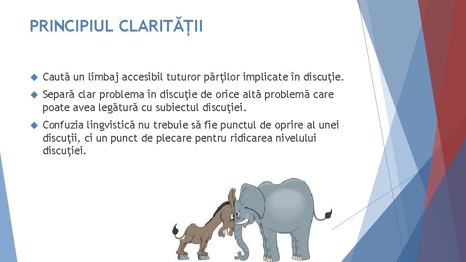 PRINCIPIUL CLARITĂȚII Caută un limbaj accesibil tuturor părților implicate în discuție. Separă clar problema