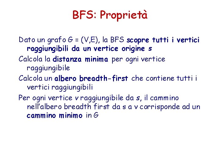 BFS: Proprietà Dato un grafo G = (V, E), la BFS scopre tutti i