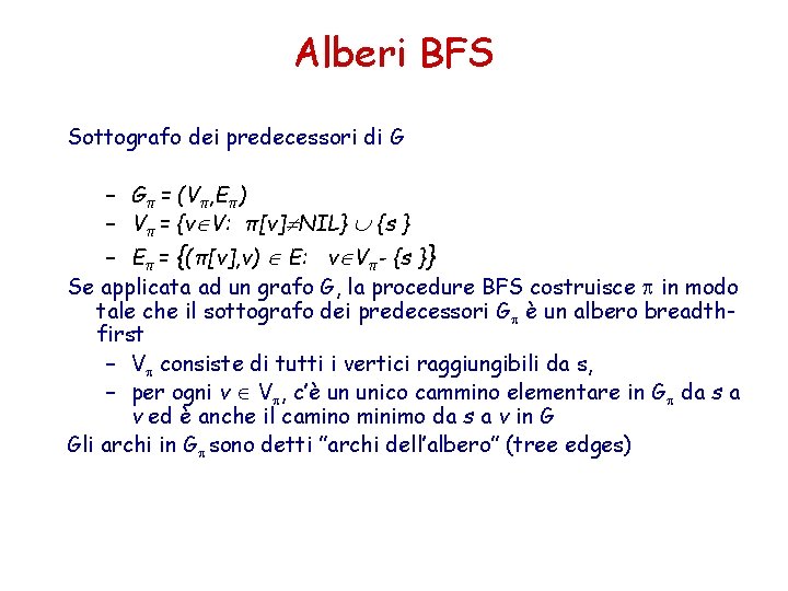 Alberi BFS Sottografo dei predecessori di G – Gπ = (Vπ, Eπ) – Vπ Alberi BFS Sottografo dei predecessori di G – Gπ = (Vπ, Eπ) – Vπ