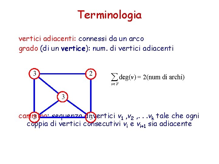 Terminologia vertici adiacenti: connessi da un arco grado (di un vertice): num. di vertici