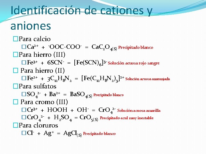 Identificación de cationes y aniones �Para calcio �Ca 2+ + -OOC-COO- = Ca. C Identificación de cationes y aniones �Para calcio �Ca 2+ + -OOC-COO- = Ca. C