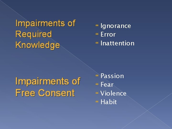 Impairments of Required Knowledge Impairments of Free Consent Ignorance Error Inattention Passion Fear Violence