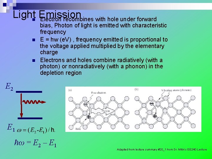 Light Emission n Electron recombines with hole under forward n n bias, Photon of