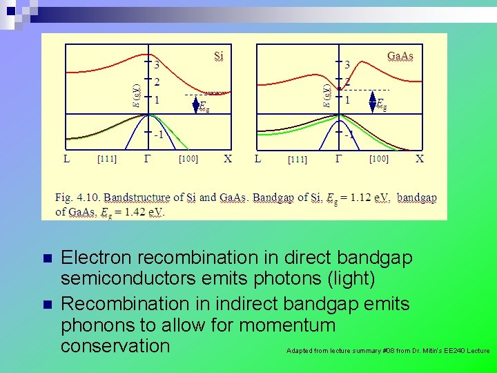 n n Electron recombination in direct bandgap semiconductors emits photons (light) Recombination in indirect