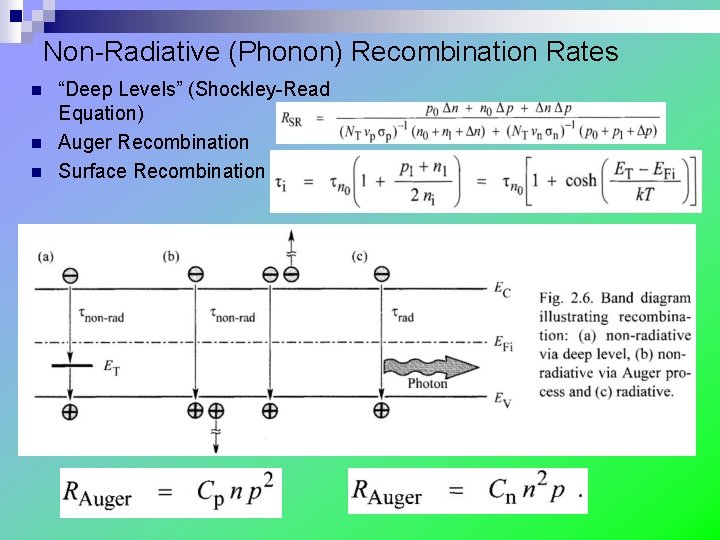 Non-Radiative (Phonon) Recombination Rates n n n “Deep Levels” (Shockley-Read Equation) Auger Recombination Surface